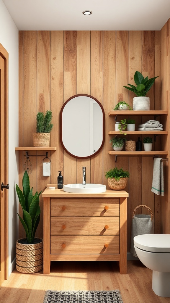 A rustic bathroom featuring wooden accents, plants, and a modern sink.