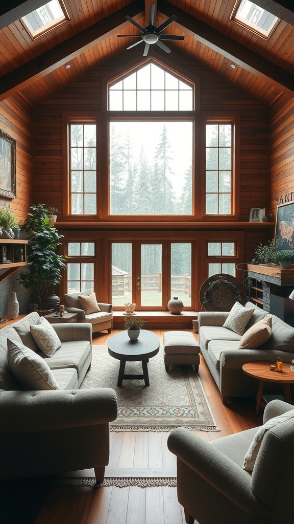 A cozy living room with warm wooden accents, featuring large windows and comfortable seating.