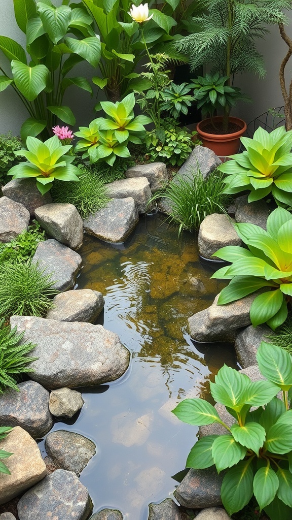 A serene small garden featuring a pond surrounded by lush greenery and rocks.