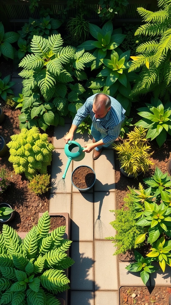 A person watering plants in a container garden with a green watering can.