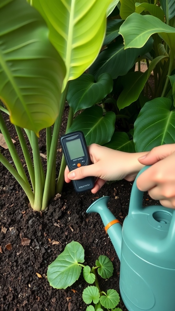 A person using a moisture meter on the soil of a Monstera plant while holding a watering can.