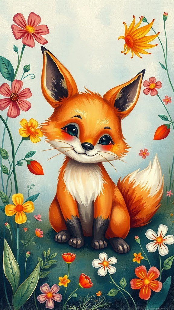 A cute fox sitting among colorful flowers in a whimsical style.