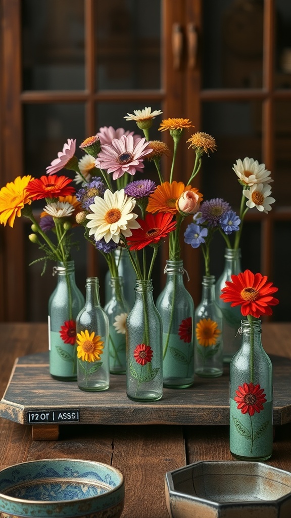 A collection of decorated glass bottles filled with colorful flowers on a wooden table.