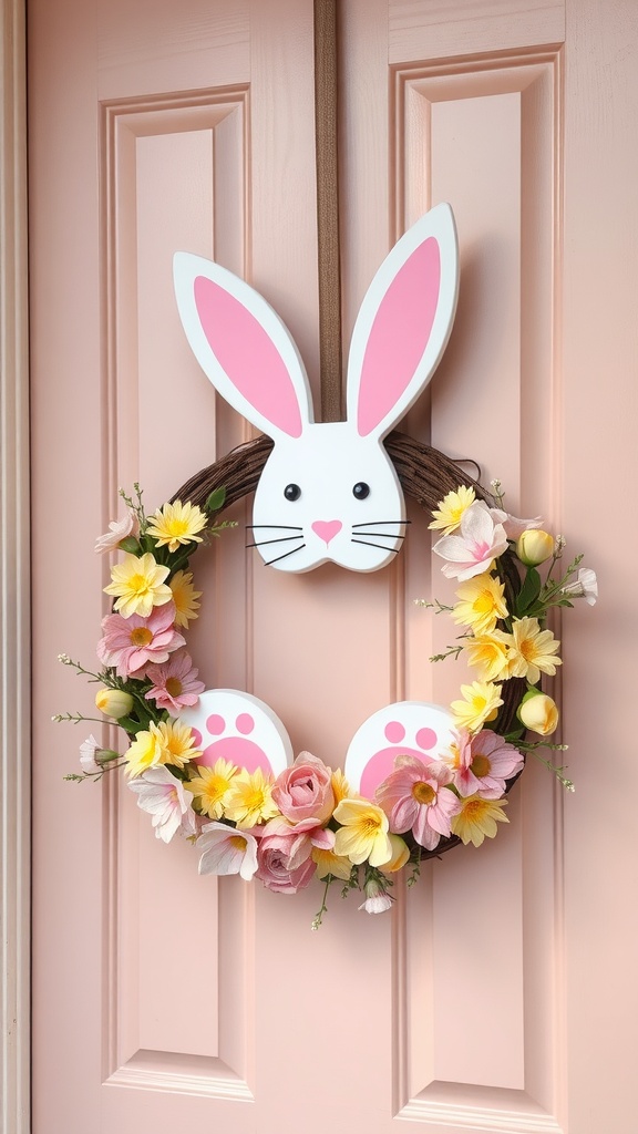 A whimsical bunny wreath with colorful flowers, featuring a bunny face and paws, hanging on a pink door.