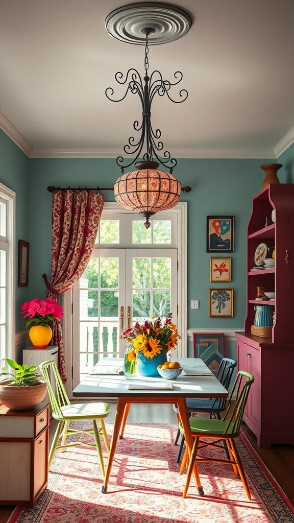 A bright dining room featuring a whimsical chandelier and colorful chairs.