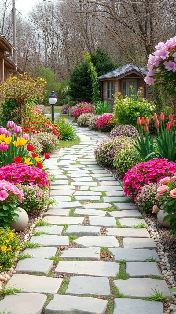 A picturesque garden pathway lined with colorful flowers and greenery