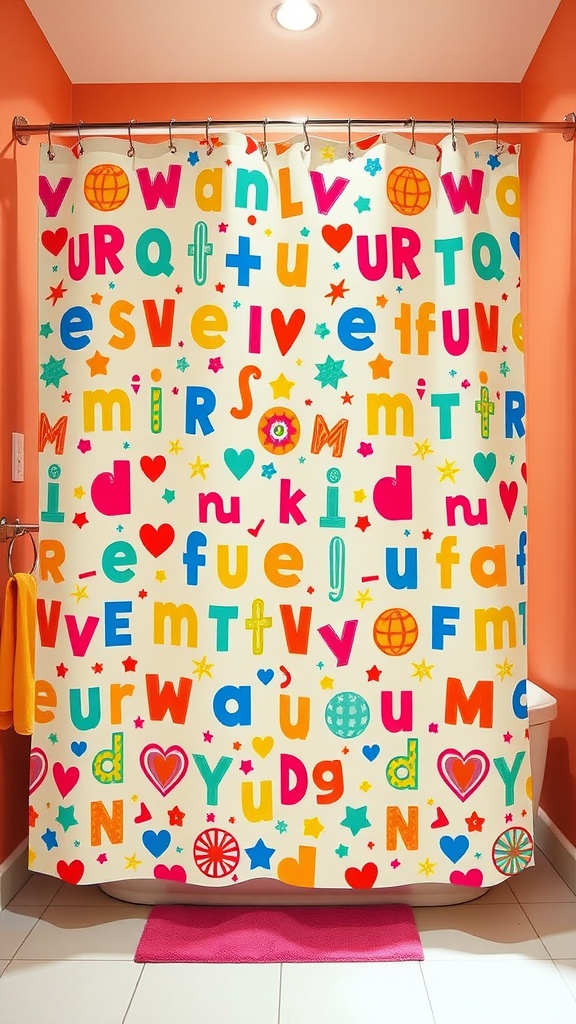 A colorful shower curtain with letters and symbols in a playful design.