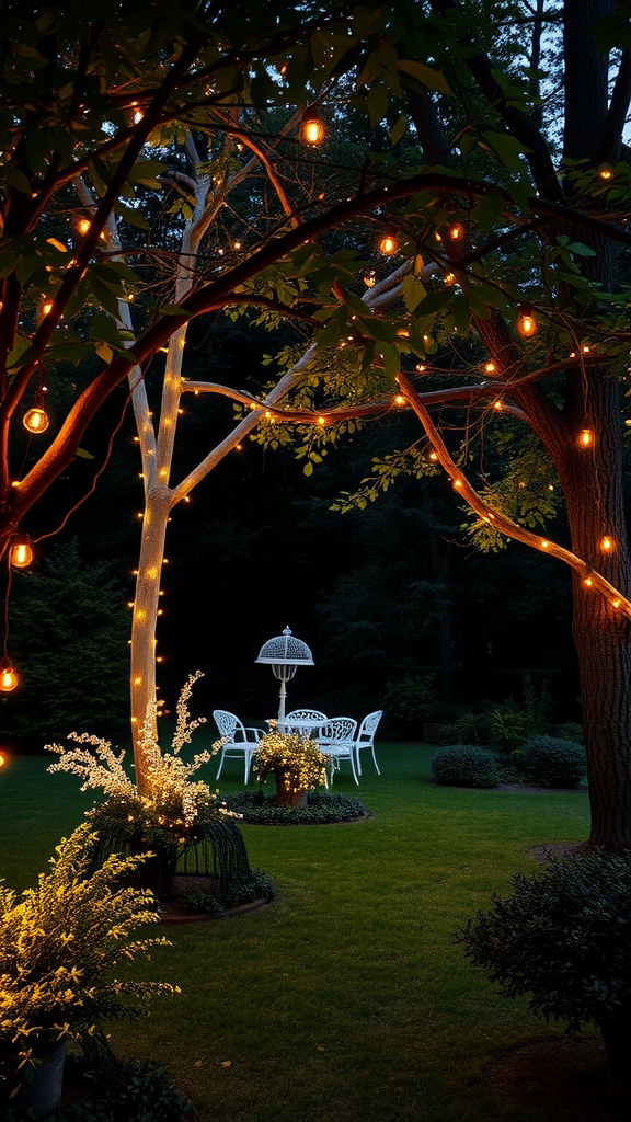 A garden setting with string lights illuminating a table and chairs, creating a cozy atmosphere.