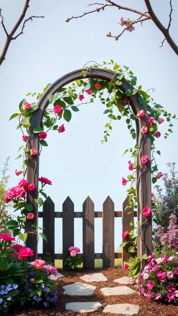 A whimsical trellis design adorned with flowers leading into a garden.