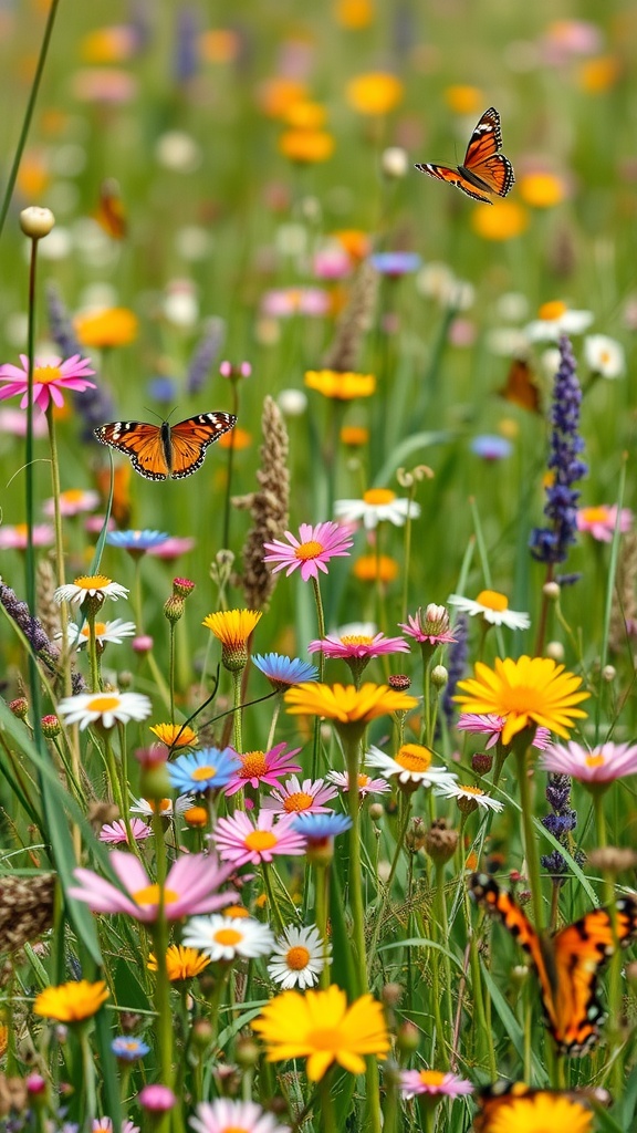 A vibrant wildflower meadow with colorful flowers and butterflies.