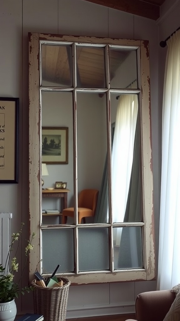 A large mirror framed with an old window frame, featuring a distressed finish and reflecting a cozy room.