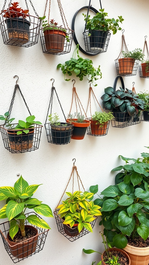 A collection of wire baskets containing various plants, hung on a wall.