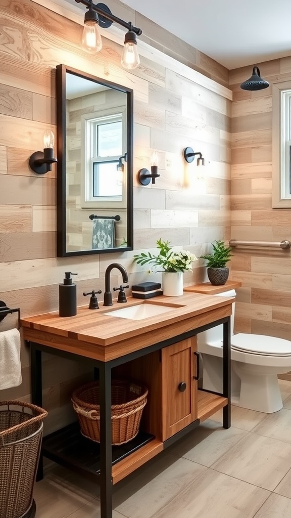 A rustic bathroom featuring a wood and metal vanity with industrial design elements.