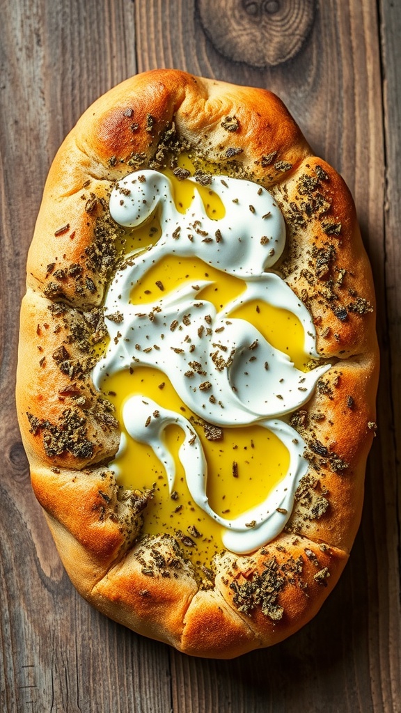 Zaatar Manakish topped with labneh and olive oil on a wooden surface.