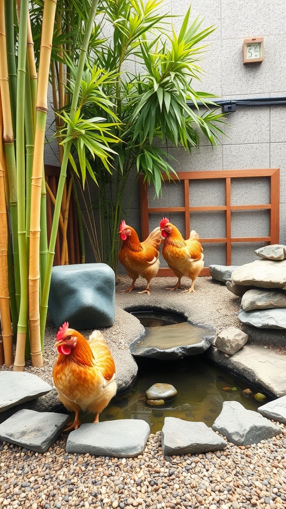 A serene chicken sanctuary featuring chickens, bamboo plants, and pebbles.