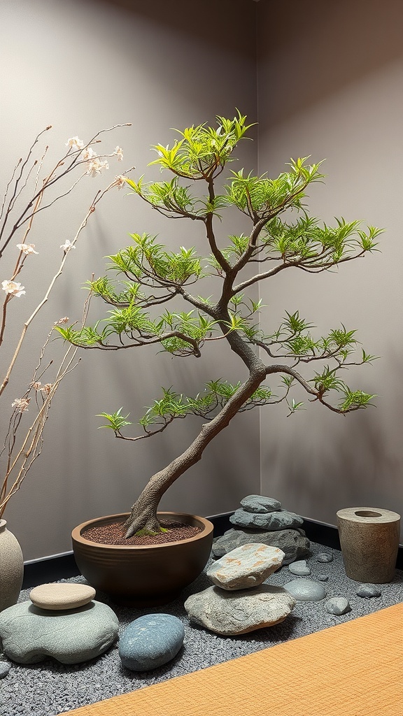 A serene corner featuring a bonsai tree, arranged with stones and decorative pebbles.