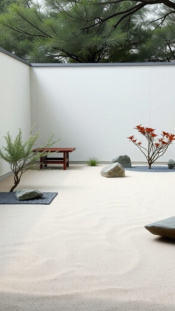 A minimalist Zen garden with sand, rocks, and small trees