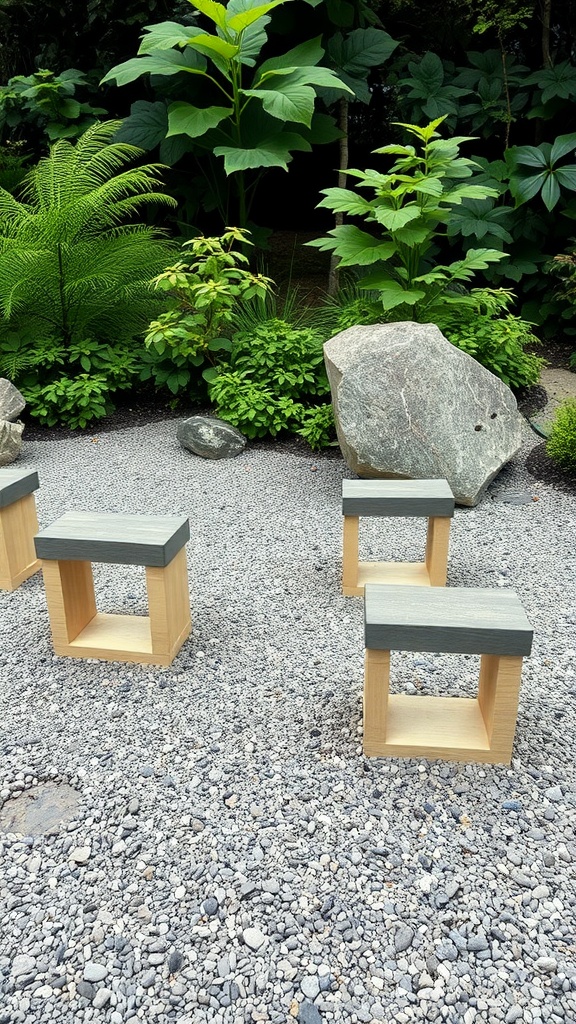 A serene zen garden featuring minimalist wooden seating and lush greenery.