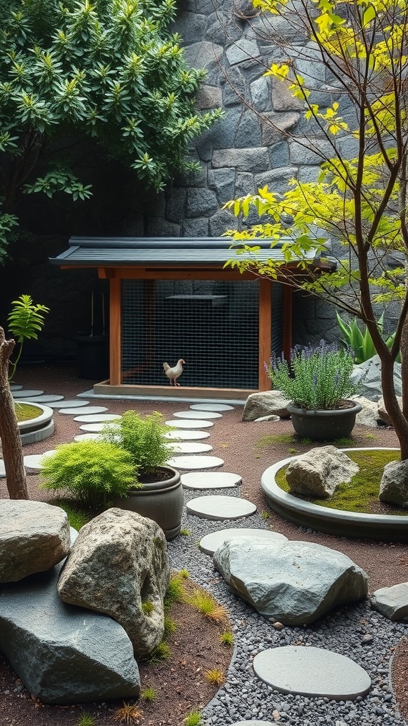 A serene Zen garden featuring a hidden chicken run, with stepping stones, plants, and a cozy chicken coop.