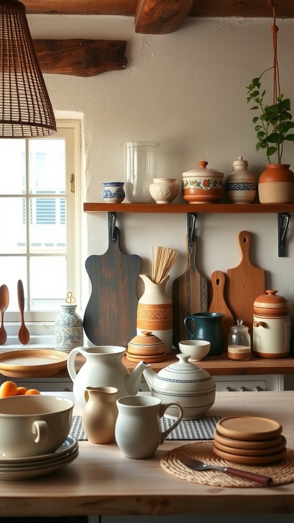 A cozy boho kitchen featuring artisan ceramics and wooden accents