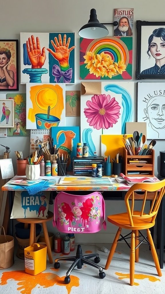 A vibrant artistic studio desk with colorful wall art, art supplies, and a playful chair.