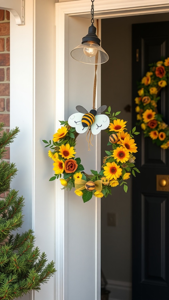 A cheerful bee and hive themed wreath with sunflowers and a friendly bee decoration, hanging on a front door.