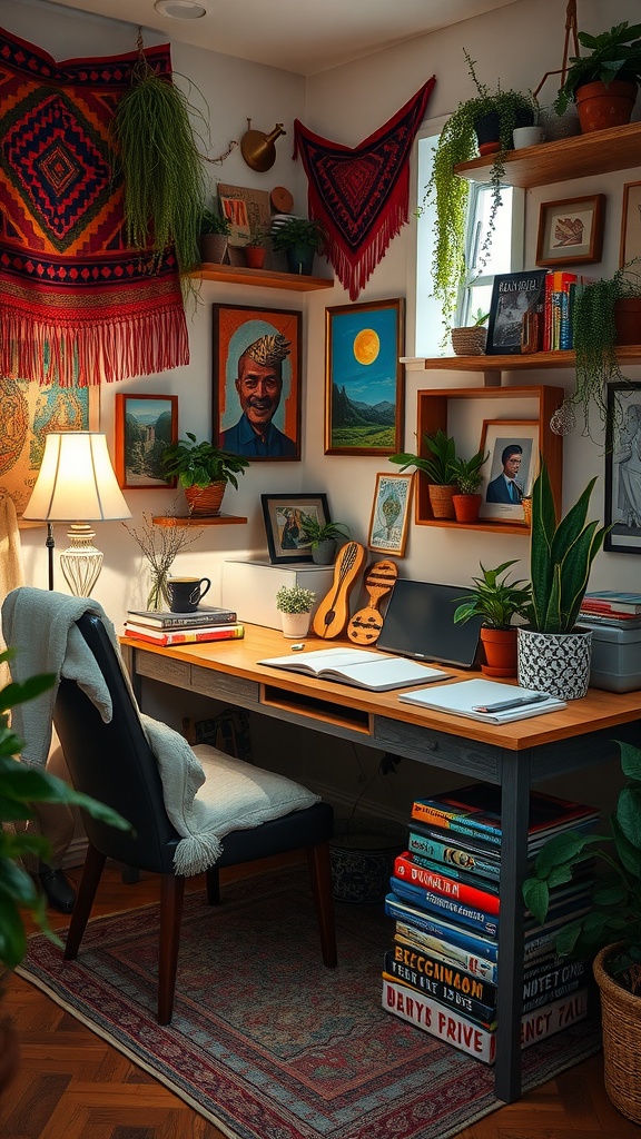 Bohemian chic corner desk with plants, artwork, and cozy decor