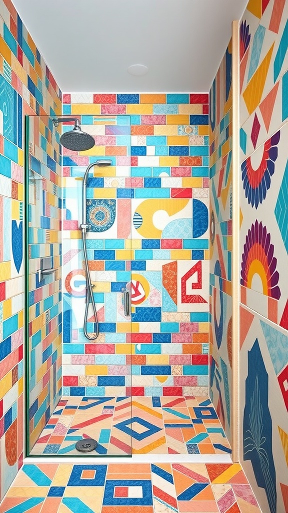 A vibrant walk-in shower with colorful mosaic tiles in a variety of patterns