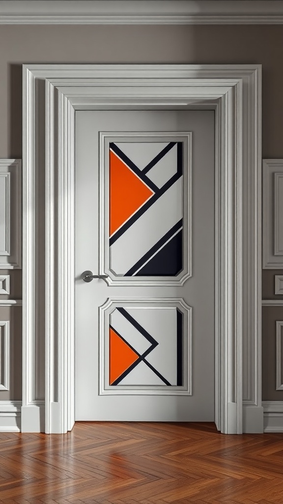 A door featuring a bold geometric pattern in orange, navy, and white