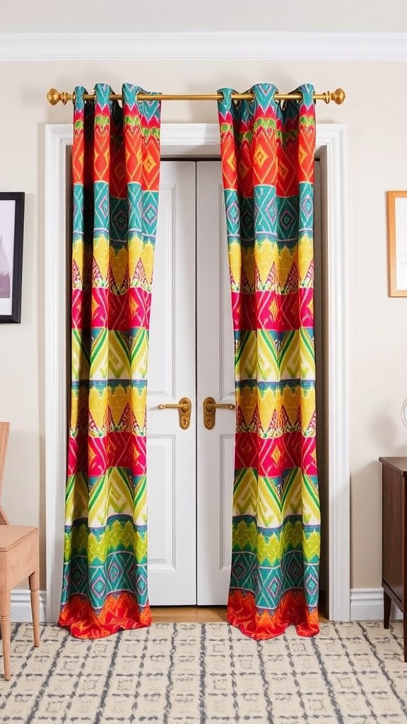 Colorful bold patterned curtains hanging in front of a closet.