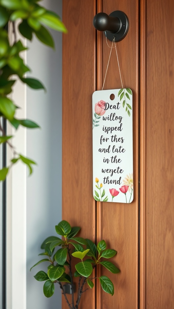 A door tag with botanical prints and an inspirational quote hanging on a wooden door.