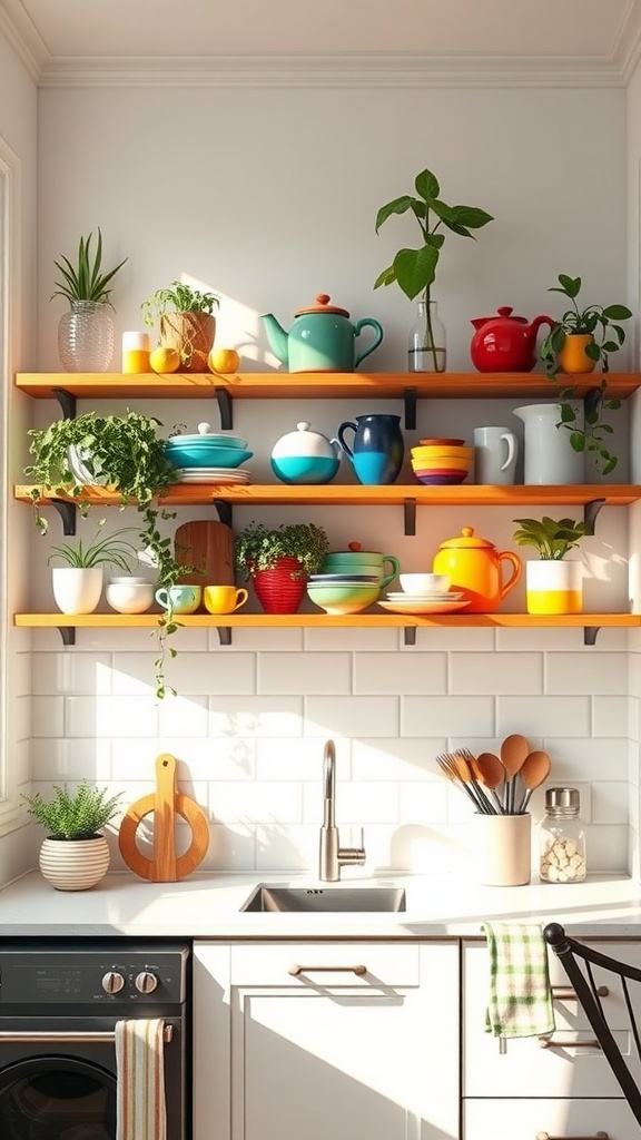 Bright kitchen with open shelving displaying colorful dishware and plants