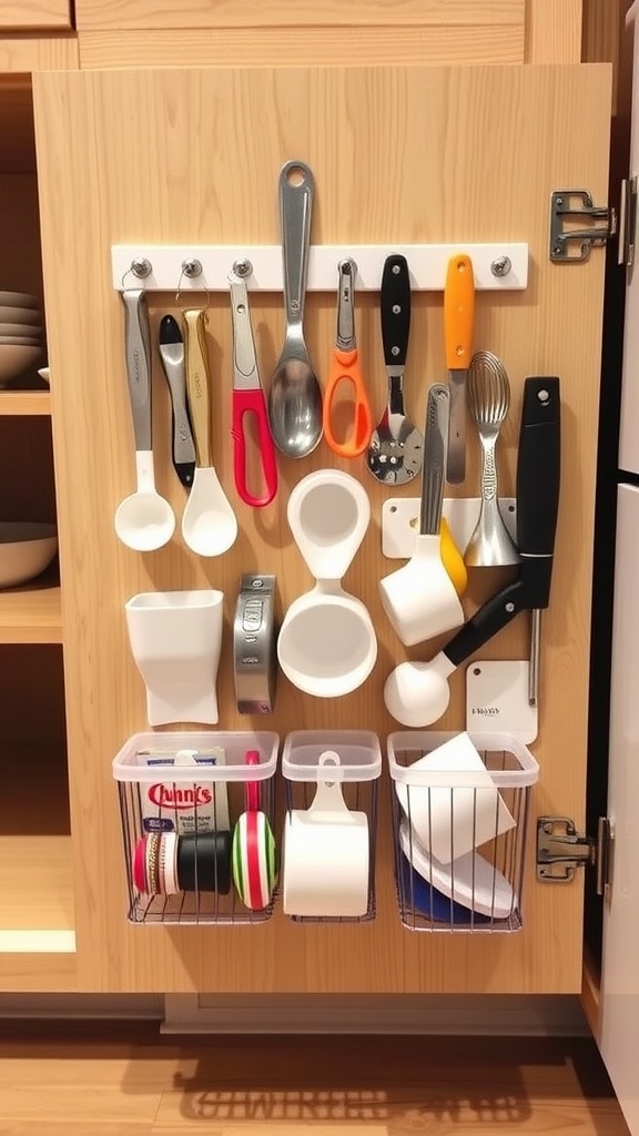 Organized cabinet door with utensils and small baskets for storage