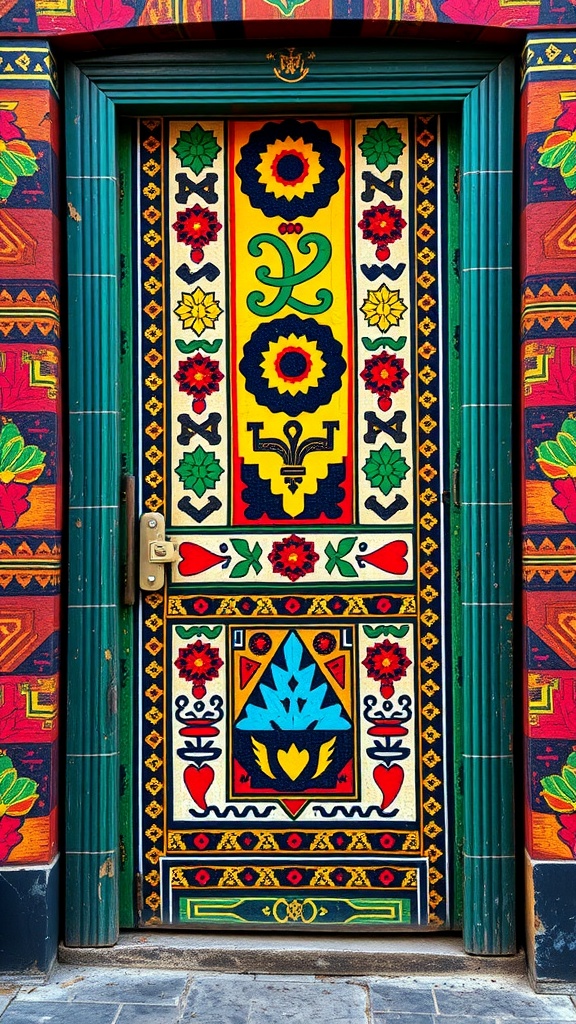 A colorful door with intricate patterns reflecting African culture and Kente cloth designs.