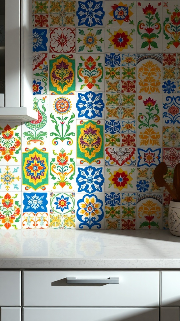 Colorful ceramic tile backsplash in a kitchen with various designs.