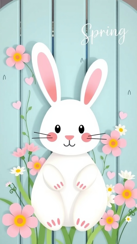 A cute cartoon-style bunny surrounded by flowers on a blue wooden background with the word 'Spring' at the top.