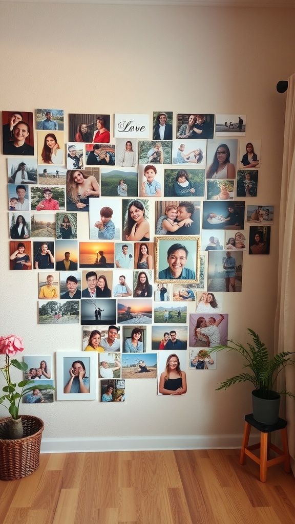 A wall covered with a collage of family and friends' photos arranged in a heart shape, with a potted plant and a small stool beside it.