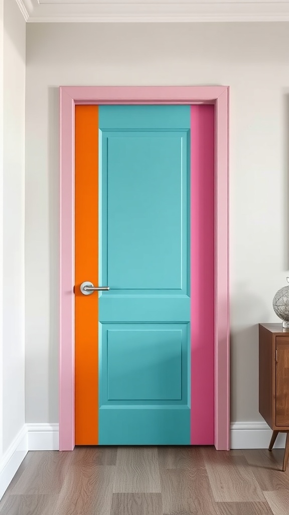 A hollow core door featuring a color blocking design with turquoise, orange, and pink sections.