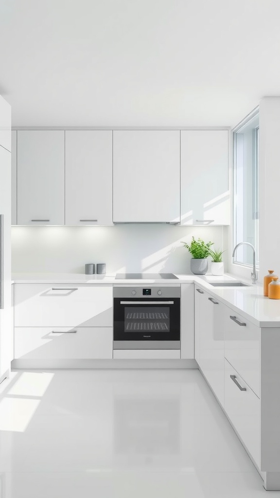 A modern minimalist kitchen with white cabinets and sleek appliances, featuring natural light from a large window.