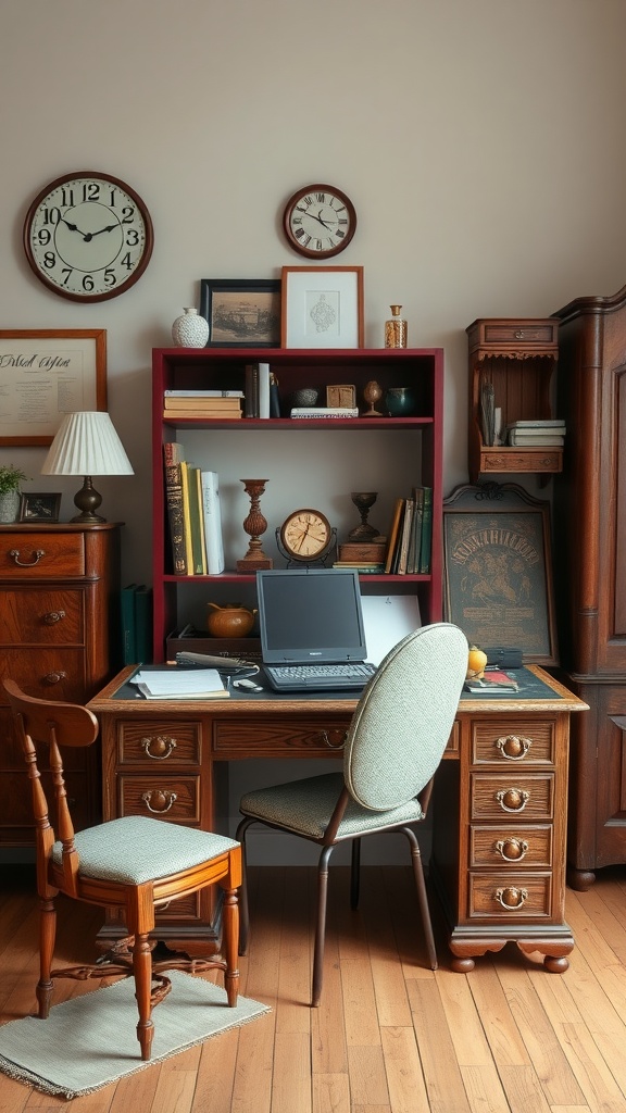 Cozy vintage office space with a wooden desk, bookshelves, and decorative elements.