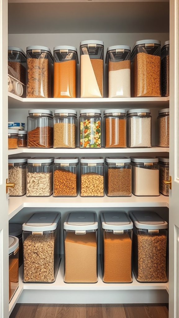 A well-organized pantry showcasing clear containers filled with various food items.