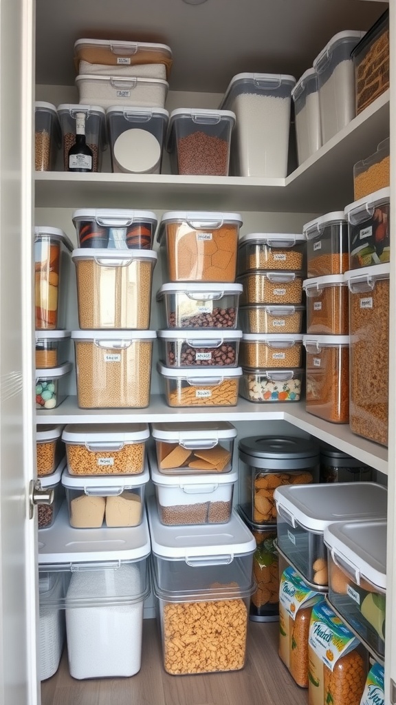 A well-organized pantry with clear storage containers filled with various dry goods, all labeled for easy identification.