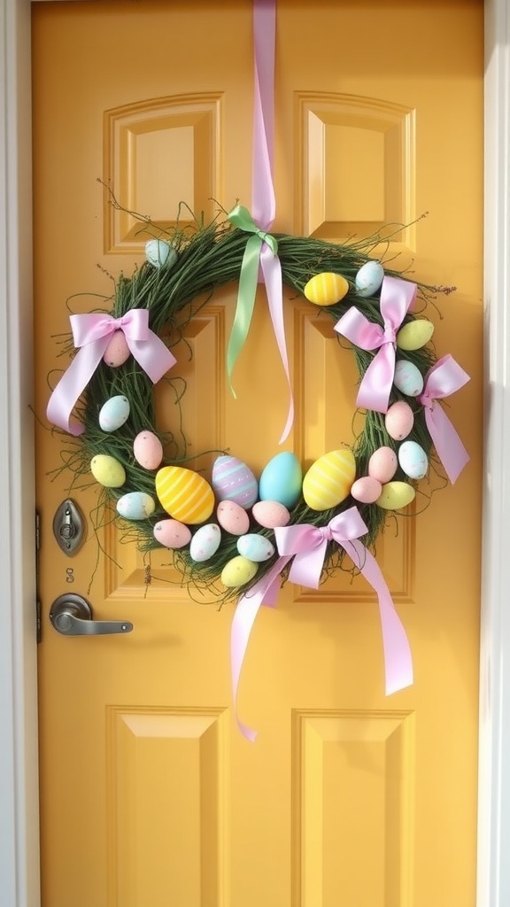 A colorful Easter egg wreath adorned with pastel-painted eggs and pink ribbons, hanging on a yellow front door.