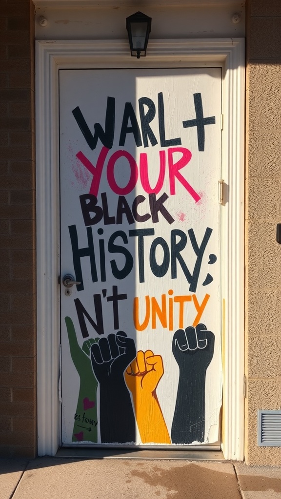 A door decorated with colorful artwork celebrating Black History Month, featuring fists raised in unity and bold text.