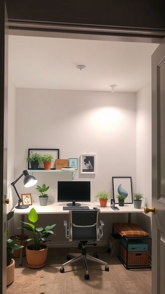 A cozy desk setup in a closet with plants, computer, and a lamp providing warm lighting.