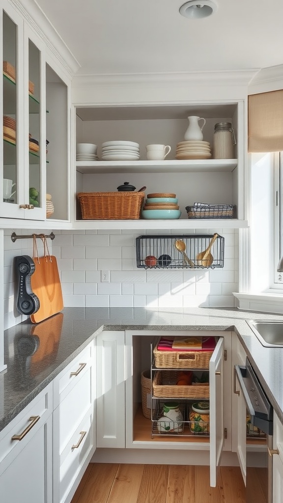 A well-organized kitchen featuring open shelves, woven baskets, and pull-out storage for a clutter-free look.