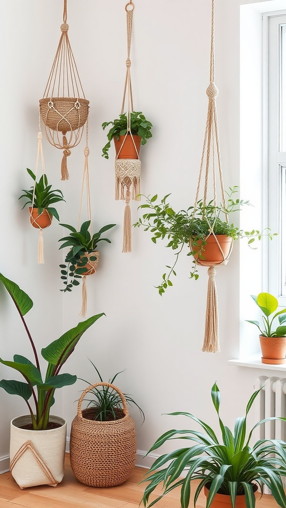 A collection of macramé plant hangers with potted plants, showcasing modern boho decor.