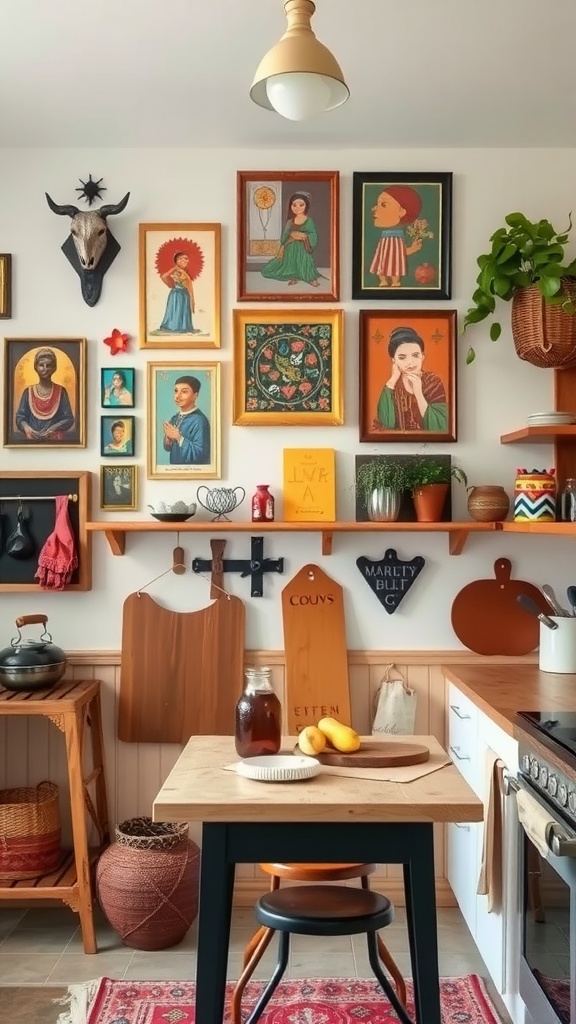 A boho kitchen with colorful wall art, including portraits and decorative pieces, creating a warm and inviting atmosphere.