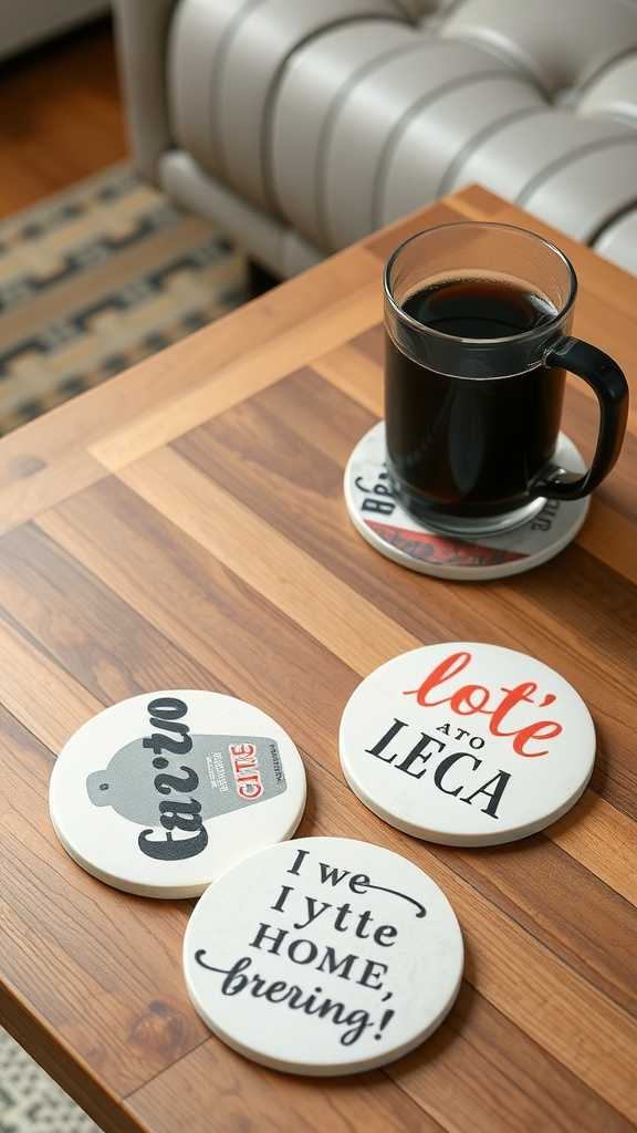 Ceramic coasters with playful designs on a wooden table next to a cup of coffee.