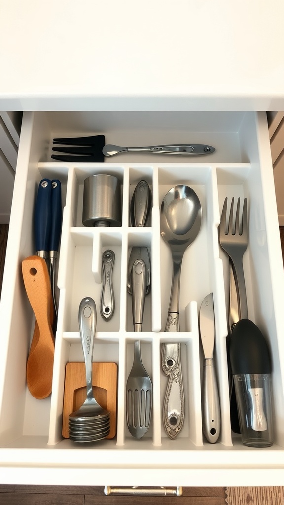 A kitchen drawer organized with customized dividers containing various utensils like spoons, forks, and measuring tools.